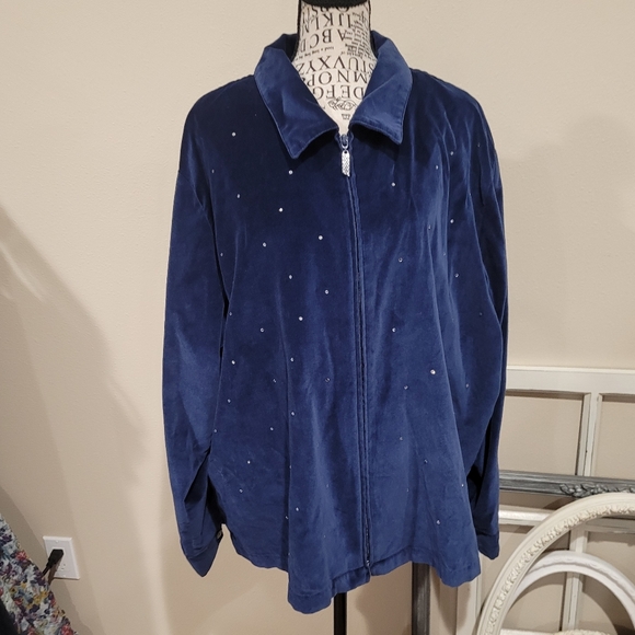Quacker Factory Women's 2X Blue Velour Zip front jacket w/rhinestone trim - Picture 1 of 10